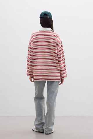 Andy Collared Thin Striped Sweatshirt Red