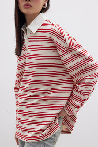 Andy Collared Thin Striped Sweatshirt Red