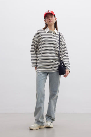 Andy Collared Thin Striped Sweatshirt Black