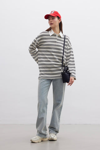 Andy Collared Thin Striped Sweatshirt Black