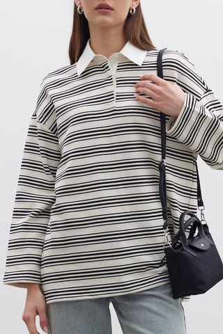 Andy Collared Thin Striped Sweatshirt Black