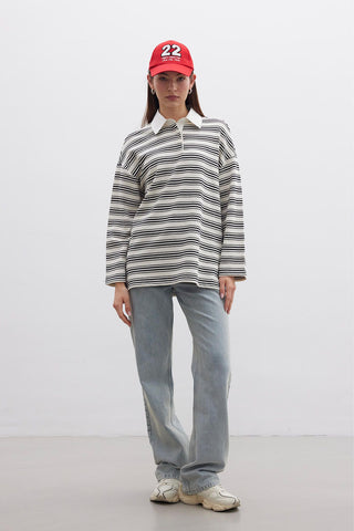 Andy Collared Thin Striped Sweatshirt Black