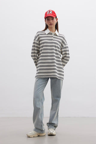 Andy Collared Thin Striped Sweatshirt Black