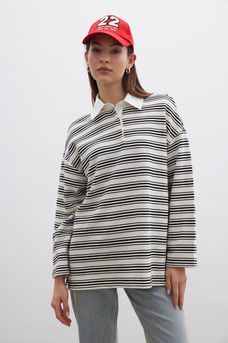 Andy Collared Thin Striped Sweatshirt Black