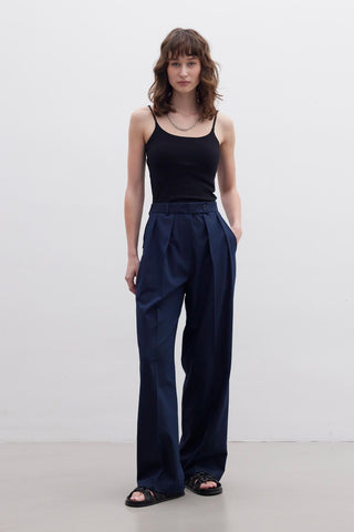 Pleated Wide Leg Trousers Navy Blue