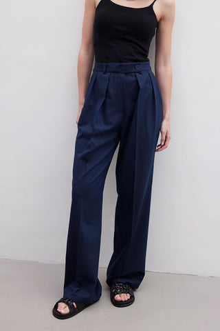 Pleated Wide Leg Trousers Navy Blue