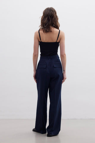 Pleated Wide Leg Trousers Navy Blue