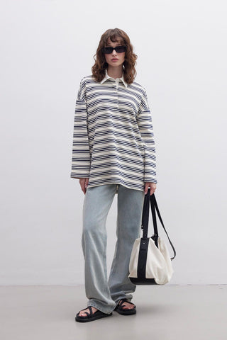 Andy Collared Thin Striped Sweatshirt Navy Blue