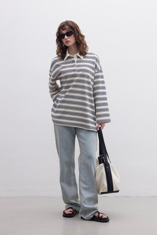 Andy Collared Thin Striped Sweatshirt Navy Blue