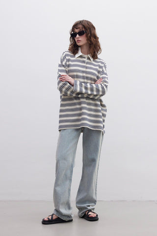 Andy Collared Thin Striped Sweatshirt Navy Blue