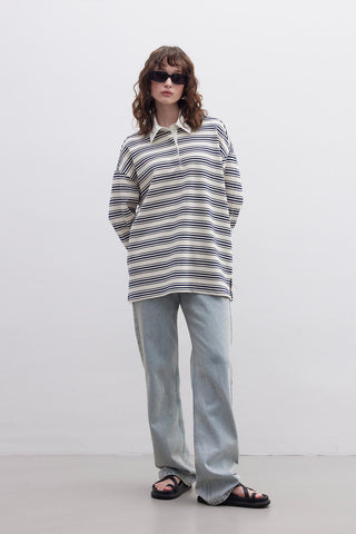 Andy Collared Thin Striped Sweatshirt Navy Blue