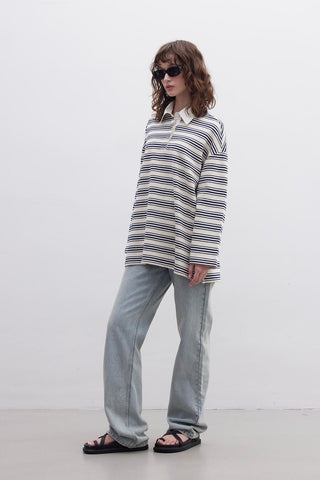 Andy Collared Thin Striped Sweatshirt Navy Blue