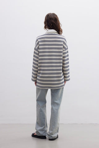 Andy Collared Thin Striped Sweatshirt Navy Blue