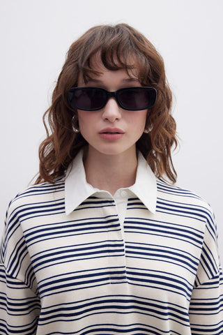 Andy Collared Thin Striped Sweatshirt Navy Blue