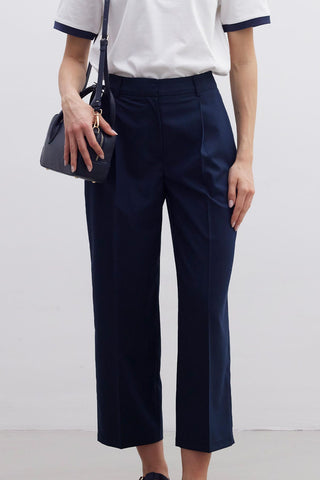 Straight Fit Single Pleated Trousers Navy Blue