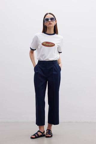 Straight Fit Single Pleated Trousers Navy Blue