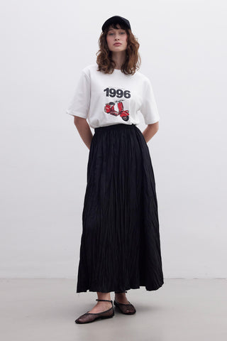 Crush Effect Long Flared Skirt Black