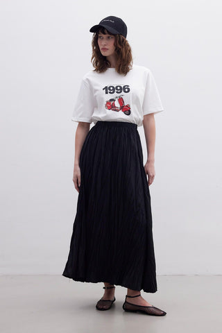 Crush Effect Long Flared Skirt Black