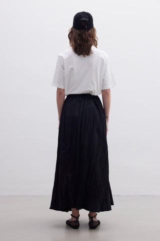 Crush Effect Long Flared Skirt Black