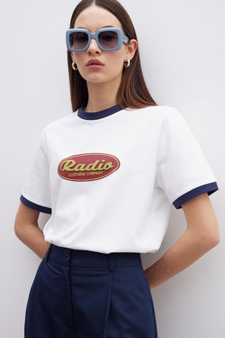 Kontrast Çizgili Baskılı T-Shirt Lacivert
