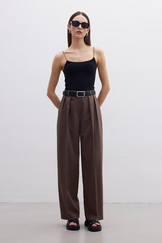 Pleated Wide Leg Trousers Brown