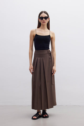 Pleated Wrap Skirt Brown