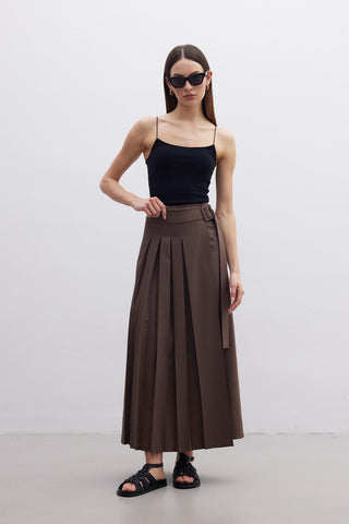 Pleated Wrap Skirt Brown