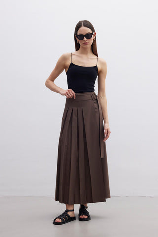 Pleated Wrap Skirt Brown