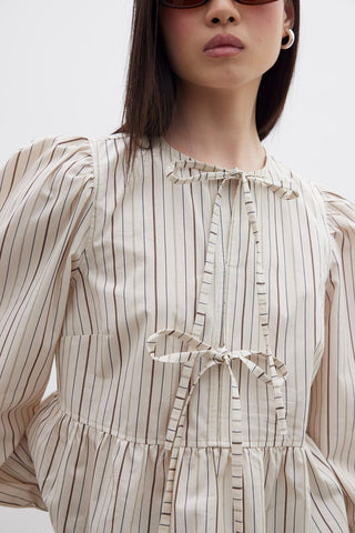 Tie Detail Striped Blouse Beige