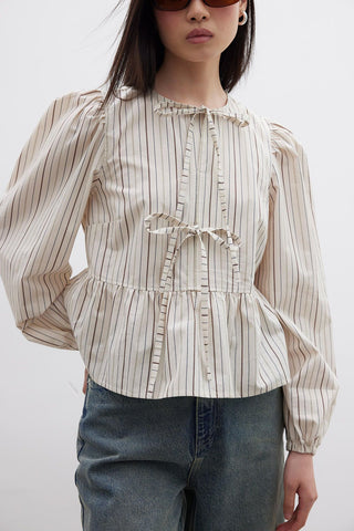 Tie Detail Striped Blouse Beige