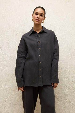 Linen Oversize Buttoned Shirt Anthracite