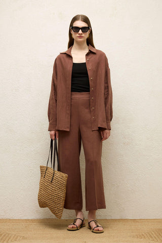 Linen Oversize Buttoned Shirt Bark Brown