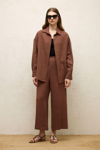 Linen Oversize Buttoned Shirt Bark Brown