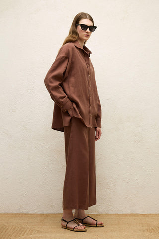 Linen Oversize Buttoned Shirt Bark Brown