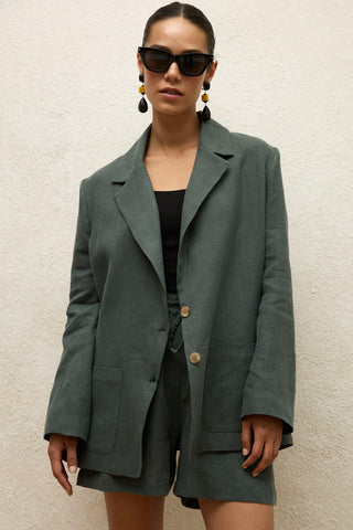 Linen Oversized Blazer Jacket Green