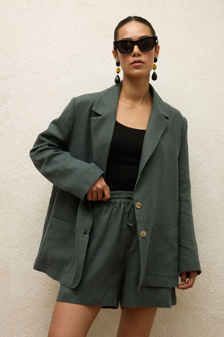 Linen Oversized Blazer Jacket Green