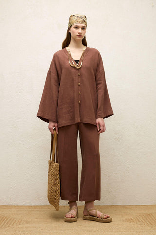 Straight Linen Trousers Bark Brown