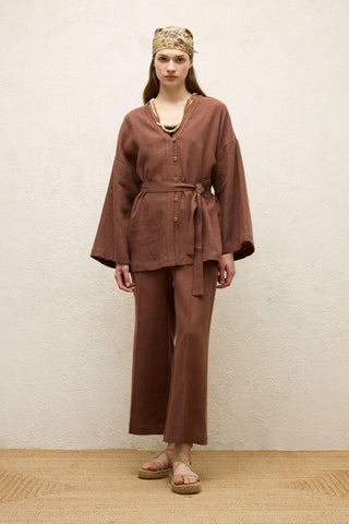 Straight Linen Trousers Bark Brown