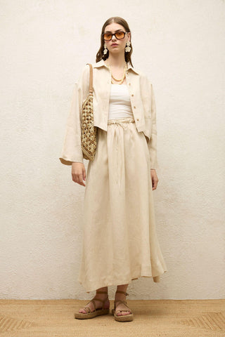 Long Sleeve Linen Crop Shirt Beige