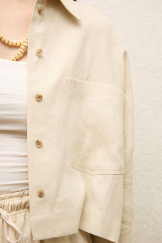 Long Sleeve Linen Crop Shirt Beige