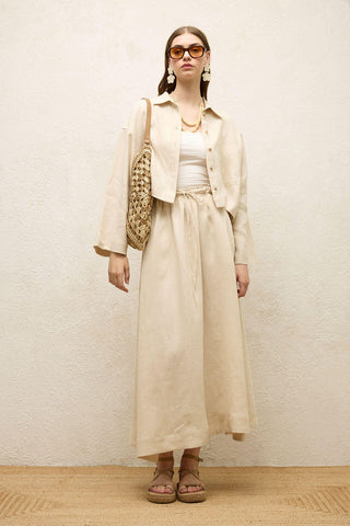 Long Sleeve Linen Crop Shirt Beige