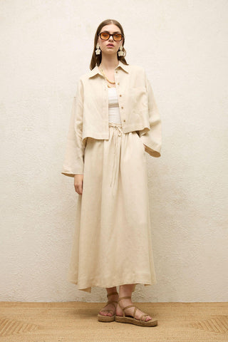 Long Sleeve Linen Crop Shirt Beige