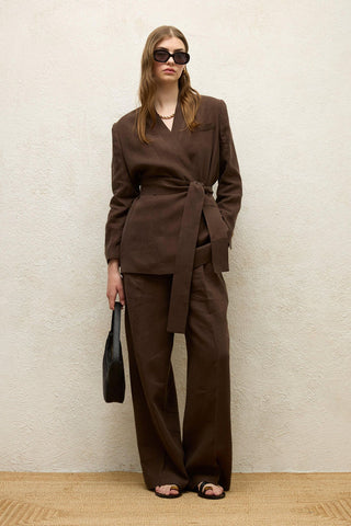 Linen Palazzo Trousers Dark Brown