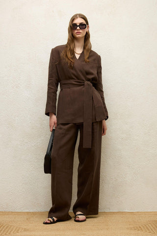 Linen Palazzo Trousers Dark Brown