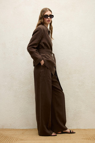 Linen Palazzo Trousers Dark Brown