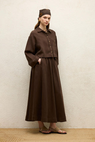 Loose Fit Linen Skirt Dark Brown