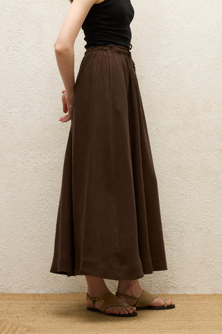 Loose Fit Linen Skirt Dark Brown