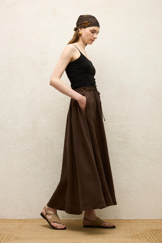 Loose Fit Linen Skirt Dark Brown