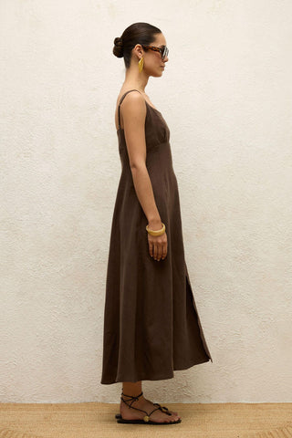 Linen Dress With Slit Dark Brown