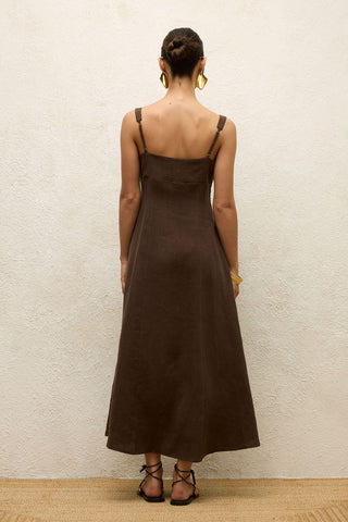 Linen Dress With Slit Dark Brown